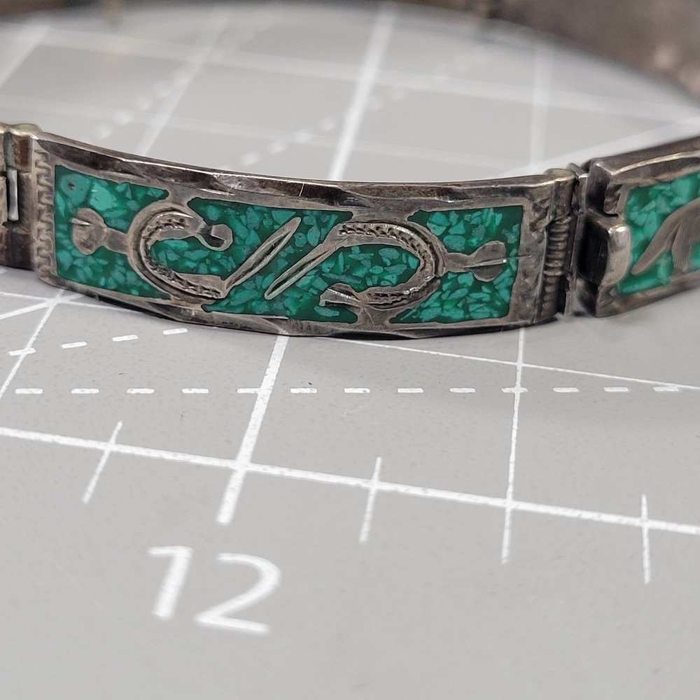 Vintage Mexican 925 Sterling Silver Bracelet Turquoise Mosaic Link 15 Grams - Picture 4 of 11